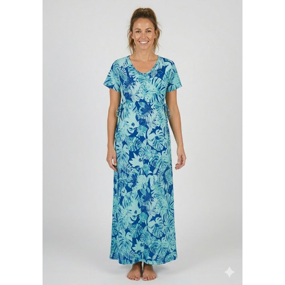 UV Skinz Womens Blue Tropical UPF 50+ Sunwear Sun Dress Short Sleeve Size Small
